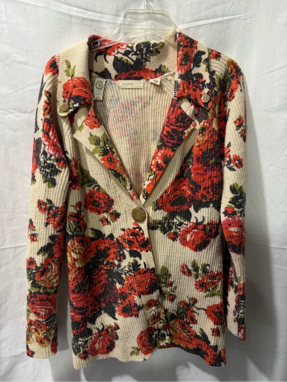 Anthropologie Floral Knit Blazer - Cream, Red & Green